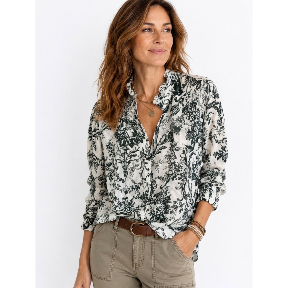 Pilcro Anthropologie Womens Size XS Floral Ruffle Collar Blouse French Country